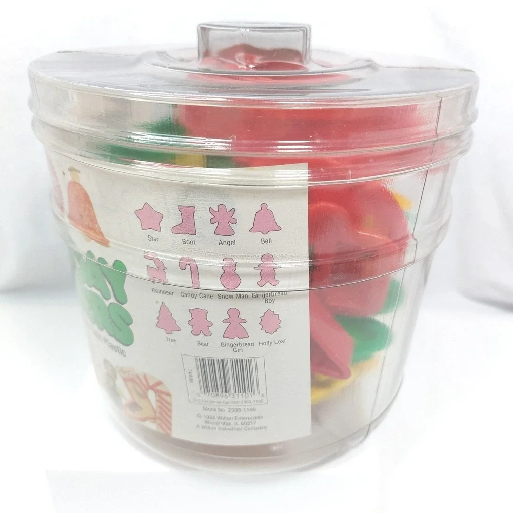 Wilton 1994 12 Piece Holiday Christmas Cookie Cutters‎ Plastic Canister